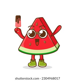Cute smiling cartoon style watermelon fruit character holding in hand ice cream, popsicle.