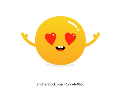 Cute smiling cartoon style yellow smiling ball character with hearts, love emoji icon.