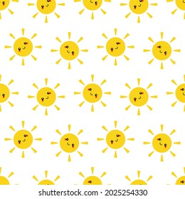 Cute smiling cartoon style yellow sun characters vector seamless pattern background for summer vacation design.