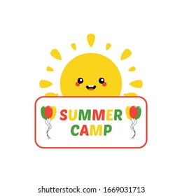 Cute smiling cartoon sun character holding card, poster in hands, inviting to visit summer camp. 