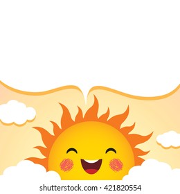 Cute smiling cartoon sun with speech bubble, sky and clouds as background. Morning vector illustration.