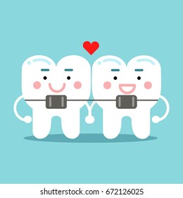 Cute smiling cartoon teeth characters with orthodontic bracket, dental vector Illustration for kids