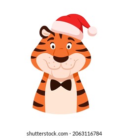 Cute smiling cartoon tiger portrait isolated on white background. Flat happy character face in Santa hat. Chinese New Year adorable symbol. Comic striped wildcat head. Christmas vector illustration.