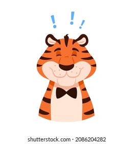Cute smiling cartoon tiger portrait isolated on white background. Flat happy character face. Chinese New Year adorable symbol. Comic striped wildcat head. Animal vector illustration.