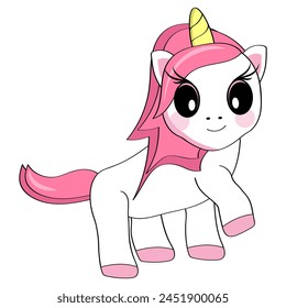 A cute smiling cartoon unicorn stands with its hoof raised. Sticker, postcard. Vector image.