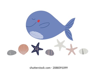 Caricatura de ballena, lecho marino con piedras, conchas, estrella de pescadores. Océano o animal marino. Carácter dibujado a mano en el océano para postales, invitaciones, saludos en el Día Mundial de la Ballena, decoración de vivero.