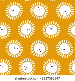Cute smiling cartoon white sun characters seamless pattern on yellow background. Childish fun summer vector illustration. Repeatable sunny texture in doodle style. Fabric, paper design.