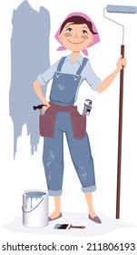 Cute smiling cartoon woman in overalls standing with a painter's roller and a can of paint, vector illustration, no transparencies 