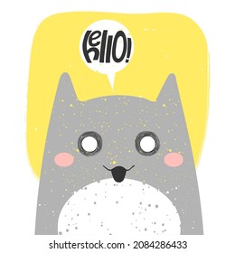 Cute smiling cat with anime emotion and speech babble saying hello. hand drawn vector illustration of kitty in flat cartoon design. Cute childish clip art with kitten. Isolated on white background.