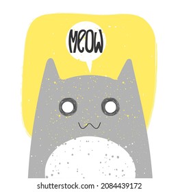 Cute smiling cat with anime emotion and speech babble saying meow. hand drawn vector illustration of kitty in flat cartoon design. Cute childish clip art with kitten. Isolated on white background.