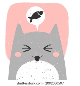 Cute smiling cat with anime emotion and speech babble with fish. hand drawn vector illustration of kitty in flat cartoon design. Cute childish clip art with kitten. Isolated on white background.