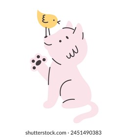 Cute smiling cat with a bird on his nose.Simple flat vector cartoon illustration