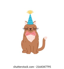 Cute smiling cat character with bow around neck and party hat flat style, vector illustration isolated on white background. Pet birthday concept, congratulation