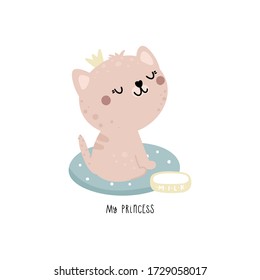 Cute smiling cat with a crown sits on a pillow. Childrens illustration for postcard, poster or t shirt print in vector.