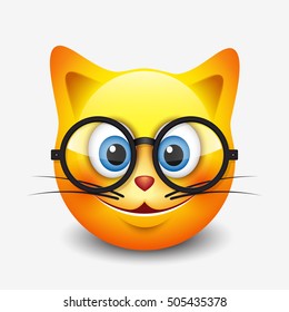 Cute smiling cat emoticon wearing eyeglasses, emoji, smiley - vector illustration