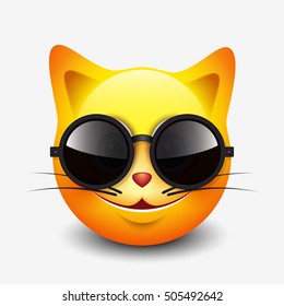 Cute smiling cat emoticon wearing black sunglasses, emoji, smiley - vector illustration