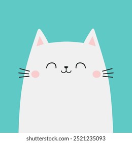 Cute smiling cat face head. Funny kitten. White silhouette icon. Kawaii pet animal. Cartoon funny baby character. Childish style. Valentines Day. Flat design. Blue background. Vector illustration