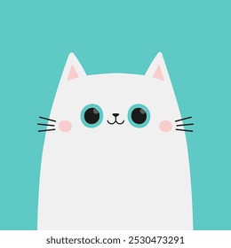 Linda cabeza de cara de gato sonriente. Ojos azules. Gatito gracioso. Icono de silueta blanca. Animal de compañía kawaii. Dibujos animados divertido personaje de bebé. Estilo infantil. Día de San Valentín. Diseño plano. Fondo azul. Vector