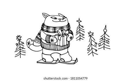 cute smiling cat in felt boots, gloves & scarf, goes skiing with a Christmas gift, vector illustration with black ink contour lines isolated on a white background in a cartoon & hand drawn style