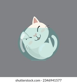 Cute smiling cat in fish aquarium. Vector illustration in kawaii cartoon style.