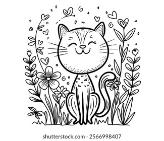 Cute Smiling Cat in Floral Garden. Doodle style. Simple Cartoon Cat with Floral Design for a Charming Pet Theme Illustration. Vector illustration