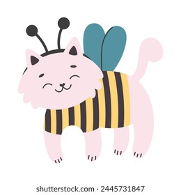 Cute smiling cat flying wearing a striped bee costume with wings.Simple flat vector cartoon illustration