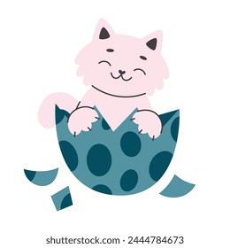 Cute smiling cat hatched from a dinosaur egg.Cat sitting in a broken egg.Print.Simple flat vector cartoon illustration svg