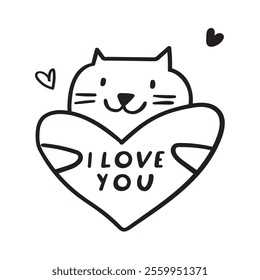 A cute smiling cat holds a heart with inscription - I love you. Valentine's Day design. Outline illustration.