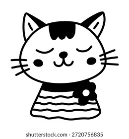 Gato sonriente lindo gatito. Ilustración de contorno de Vector infantil dibujado a mano de dibujos animados Doodle aislado sobre fondo blanco. Arte de contorno. Color negro. Retrato