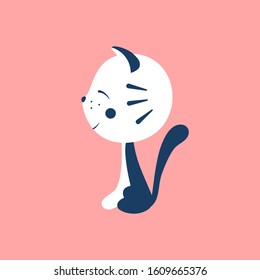 Cute smiling cat kitten. Funny stripped sitting kawaii kitty in white and blue colors. Happy cartoon animal isolated on pink background. Vector illustration