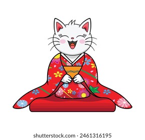 Lindo gato sonriente o gatito sentado y vestido en rojo con patrón de flores Japonés tradicional Kimono dibujo en colorido Vector de dibujos animados