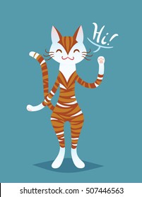 Cute smiling cat lady say Hi. Funny ginger striped cat standing on hind legs, waving her paw and saying Hi. Vector illustration in flat cartoon style for your design, artwork, print and web page.