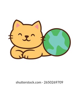 Cute smiling cat lying with Earth globe, cartoon style illustration for Earth Day, kids, and environmental themes