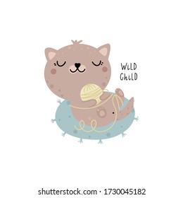 Cute smiling cat is playing with a ball of thread. Vector illustration for children print design, kids t shirt, baby wear.