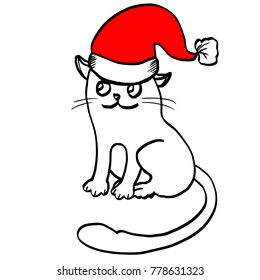 Cute smiling cat in a red Santa hat with pompon for festive Christmas and New Year design, prints, clothes, decorations, patterns, decoupage, wraps gifts. Freehand funny illustration with sitting pet.