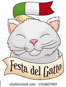 Cute, smiling cat with a ribbon with Italy flag colors and a greeting message to celebrate Cat Day (written in Italian).