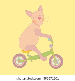 Cute smiling cat riding bike vector illustration. Lovely pastel colors animal poster.