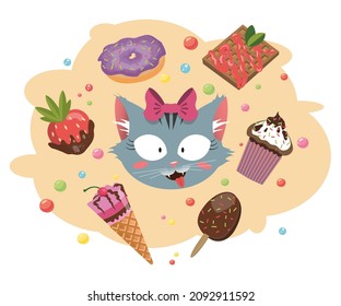 Cute smiling cat and a set of sweets. Vector cartoon illustration