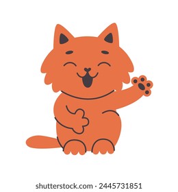 Cute smiling cat waving his paw, greeting.Simple flat vector cartoon illustration