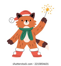 Cute smiling cat wearing Santa red hat with a sparkler. Funny Christmas character with a bengal light. Colorful New year symbol. Xmas holiday toy and decor. Minimalistic flat hand-drawn isolated 