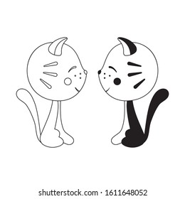 Cute smiling cats. One kitten in black and white colors. Other kitty in outline. Happy cartoon animals isolated on white background. Vector illustration