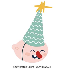 Cute smiling character in birthday hat cone, festive event kids greeting party vector illustration