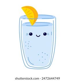 Cute smiling character glass with water and a slice of lemon. Drink more water. Stay hydrated