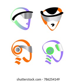 Cute smiling character intelligence technology. Graphic design trend modern logo. Concept of facial avatar chatbot. Sketch sign robot. Voice service chat bot, virtual online help customer support. 
