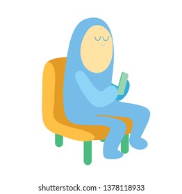 Cute smiling character waiting sitting on chair reading on phone in hand games texting calm and meditate