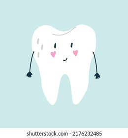 Cute smiling character white tooth with pink cheeks in the shape of hearts in blue isolated background. Vector flat medicine cartoon character for children design