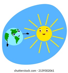 Cute smiling characters of the planet Earth and the star Sun. Illustration for Earth Day, Environment Day.