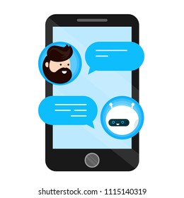 Cute smiling chat bot is written off with a person man. Dialog on smartphone mobile phone screen. Vector flat modern style cartoon character illustration icon design. Isolated on white background. 