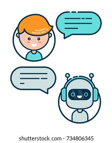 Bonito bot de bate-papo sorridente é baixado com um homem pessoa. Vector plano estilo moderno desenho animado desenho desenho ícone ilustração. Isolado em fundo branco. Concepção robô bot de bate-papo, serviço de ajuda de diálogo