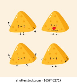 Cute smiling cheese collection. Trendy hand drawn illustration vector flat characters. Cheese chunks character bundle.